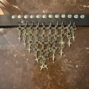 Black Leather Belt with Silver Cross Chain